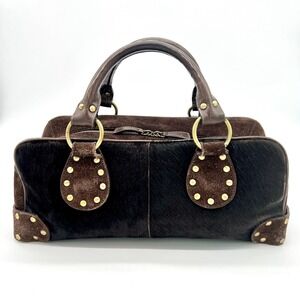 VALERIE STEVENS Vintage Calf Hair Leather Trimmed Studded Handbag Chocolate Tote